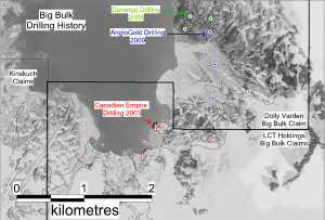 Historical drilling at Big Bulk. With the typical footprint of and economic alkalic Au/Cu porphyry being ~300m x 300m, most of the high surface gold areas remain to be drill-tested. Click to enlarge.