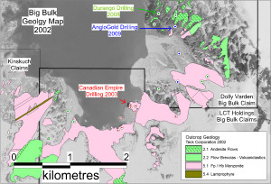 Outcrop geology in the central portion of the Big Bulk porphyry system. Click to enlarge.